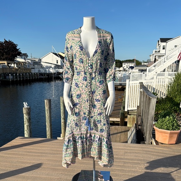 Blue and White Ruffled Midi Sundress with Plunge Neckline - Picture 4 of 16